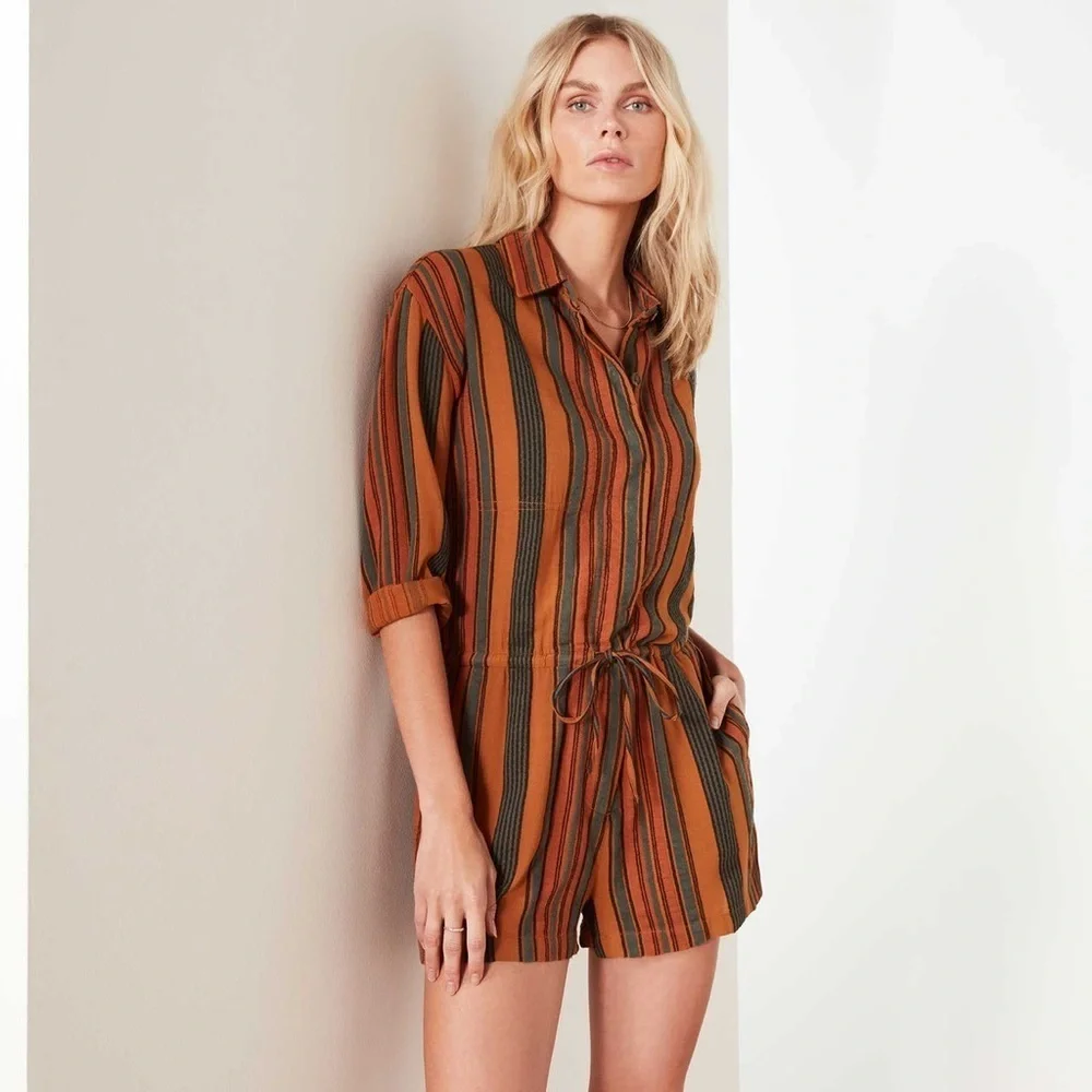 James Perse Short Vintage Jumpsuit Striped Romper Cotton